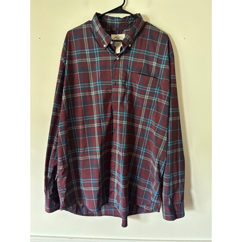 St Johns Bay Mens XXL Classic Fit Plaid Button Down Shirt Burgundy Blue Stretch